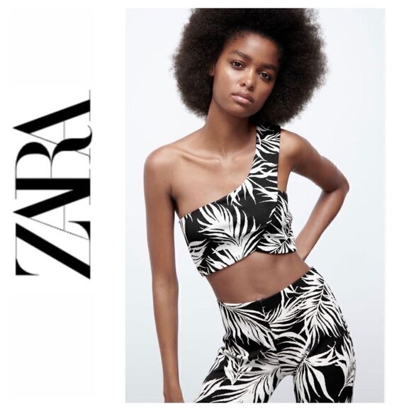 NWT Zara Jacquard Black & White Floral One Shoulder Asymmetric Neckline Crop Top - Picture 1 of 16